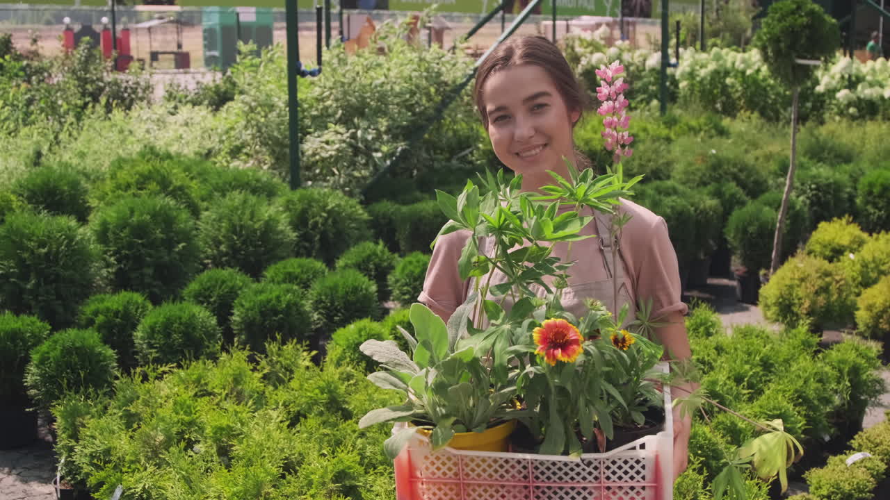 Portrait Of Girl With Pot Flowers And Plants