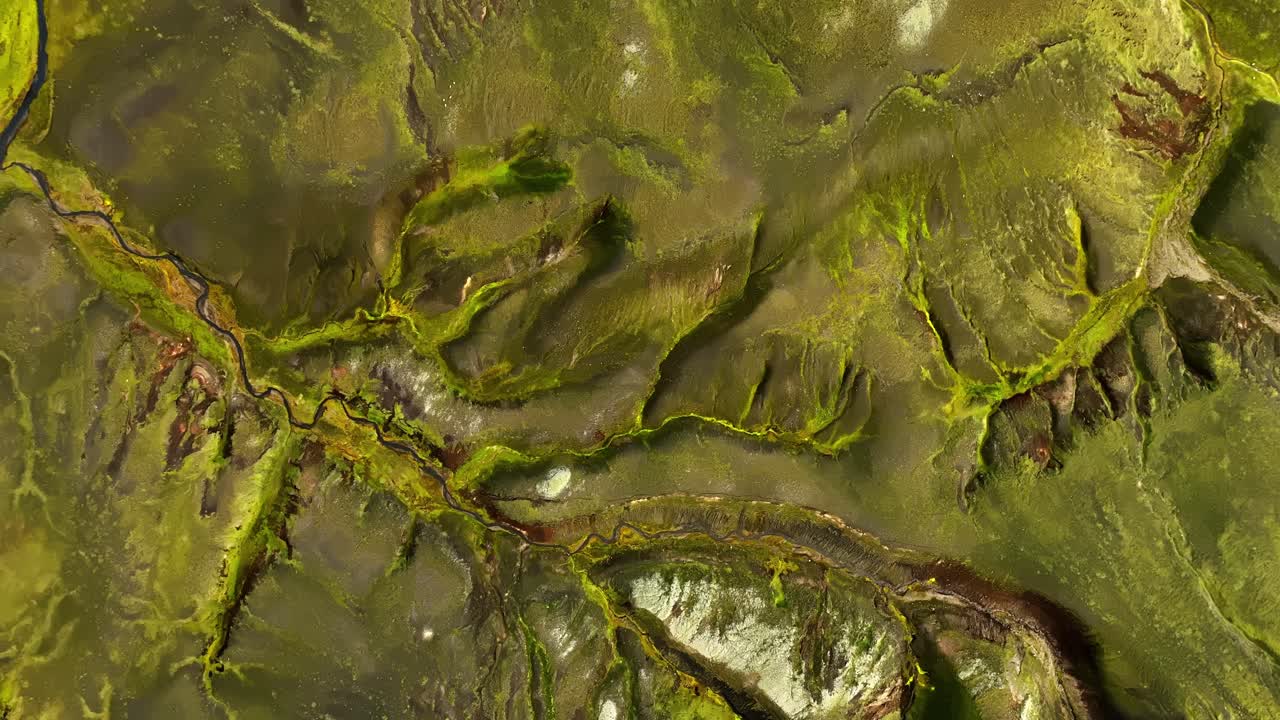 Top-down drone view of moss-covered volcanic channels winding through Icelandic highlands, revealing branching erosion patterns and rich mineral tones shaped by ancient geothermal forces