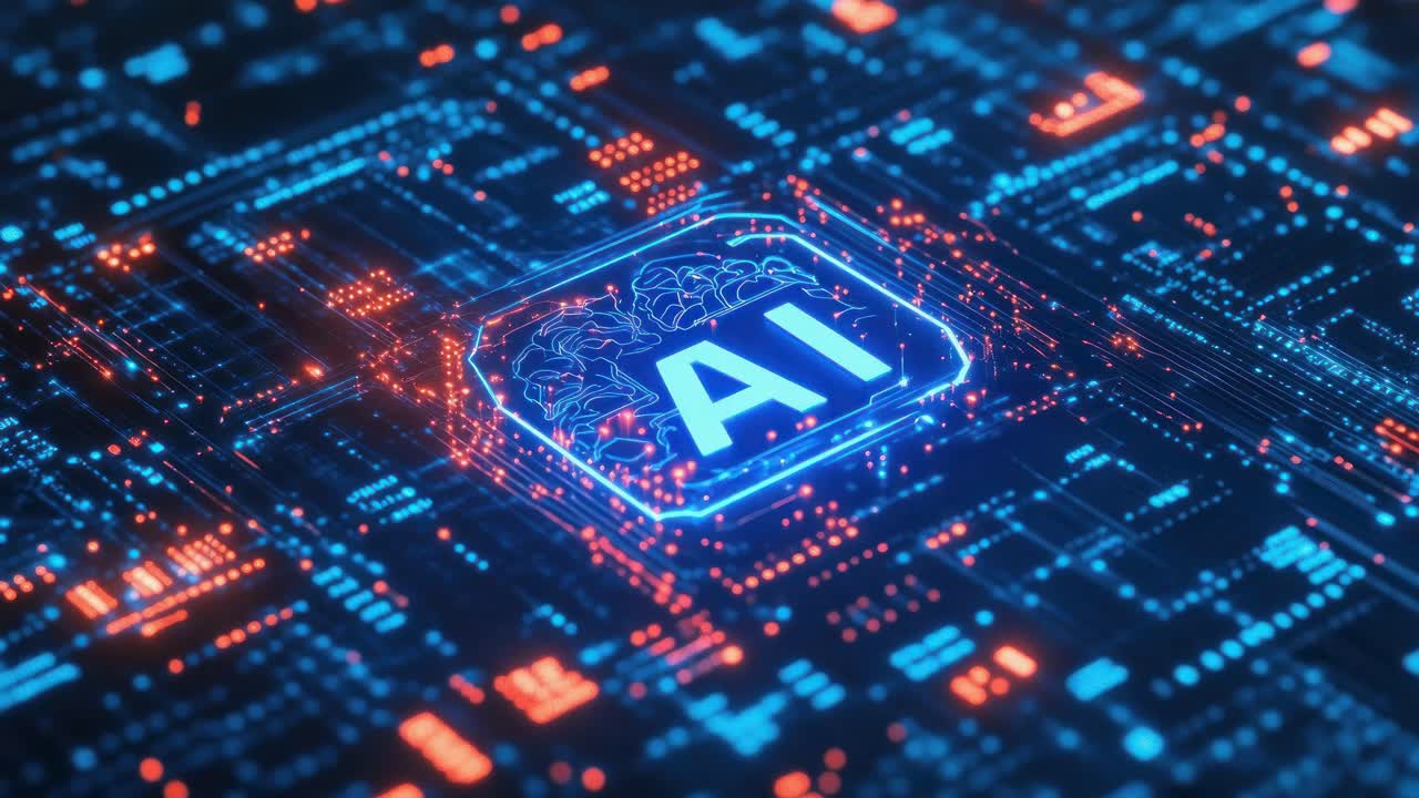 Futuristic AI circuit board with glowing lines, viewed from a top-down angle