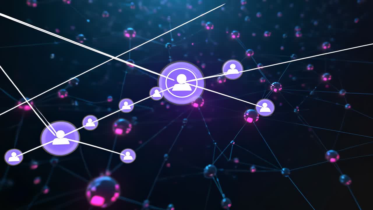 Purple node shooting white lines in grid, adding user-icon nodes with glowing pink and blue spheres