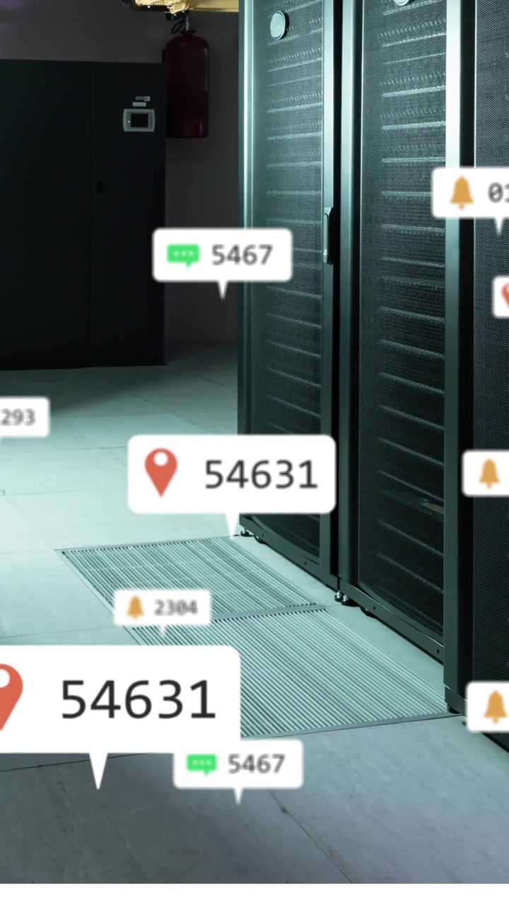 Animation of notification and numbers icons over data server racks