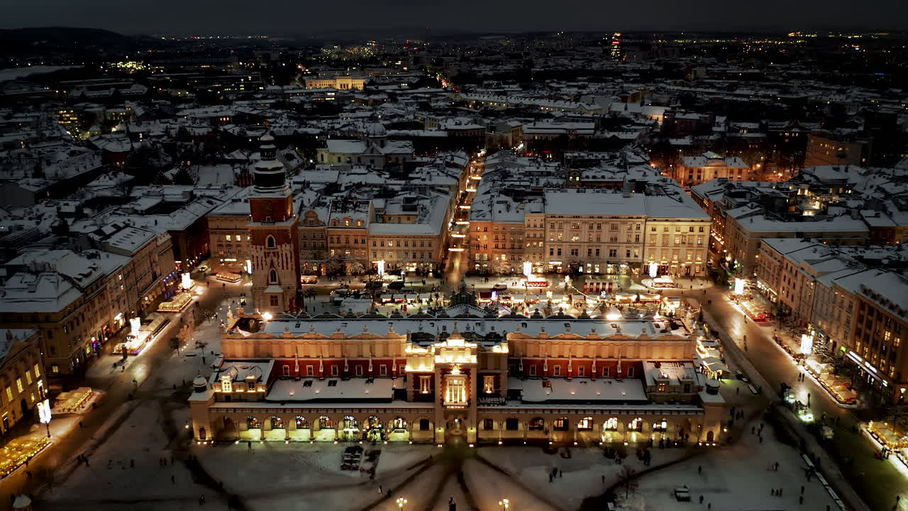 Aerial view of snow covered Old Town (Krakow city center - Main Square, Mariacki Church, Sukiennice - Cloth Hall and Town Hall) and Main Market Square with Christmas stalls at night in Krakow, Poland