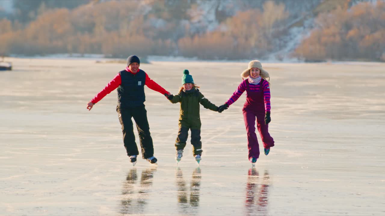 Family Ice Skating on a Frozen Lake