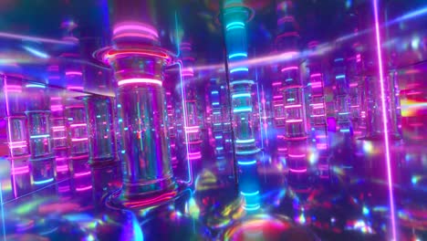 vuela a través de un corredor futurista a lo largo de pilares y columnas de vidrio de neón.