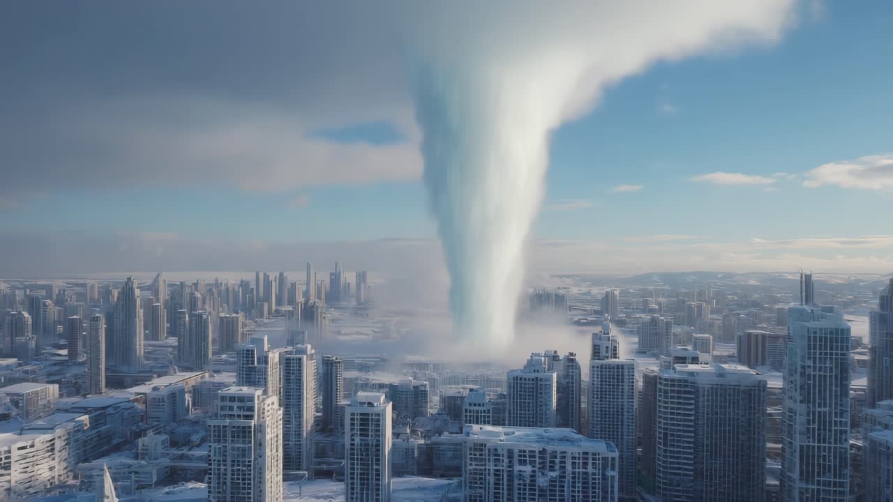 Snow Tornado Over a Futuristic City
