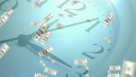 Digital-animation-of-american-dollars-bills-against-clock-ticking-on-blue-background