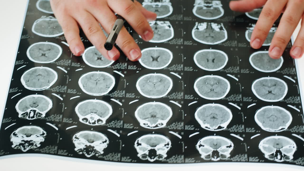 Professionista medico che esamina scansioni cerebrali (risonanza magnetica/TAC)