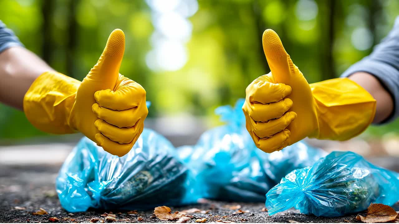 Community cleans park together. People wear gloves and clean the park, holding up thumbs near bags of collected trash on a sunny day