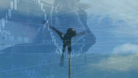 animación de datos financieros y caballo sobre la turbina eólica