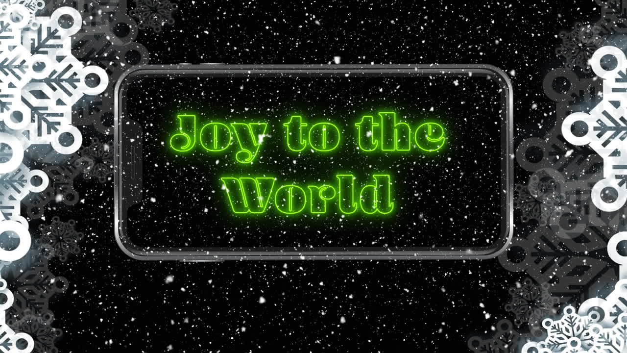 animación de alegría para el mundo texto sobre la caída de nieve y copos de nieve en navidad