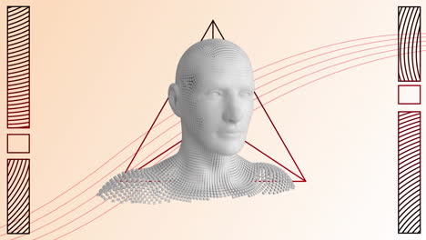 animación de la cabeza humana formada con partículas explosivas y figuras geométricas en un fondo brillante