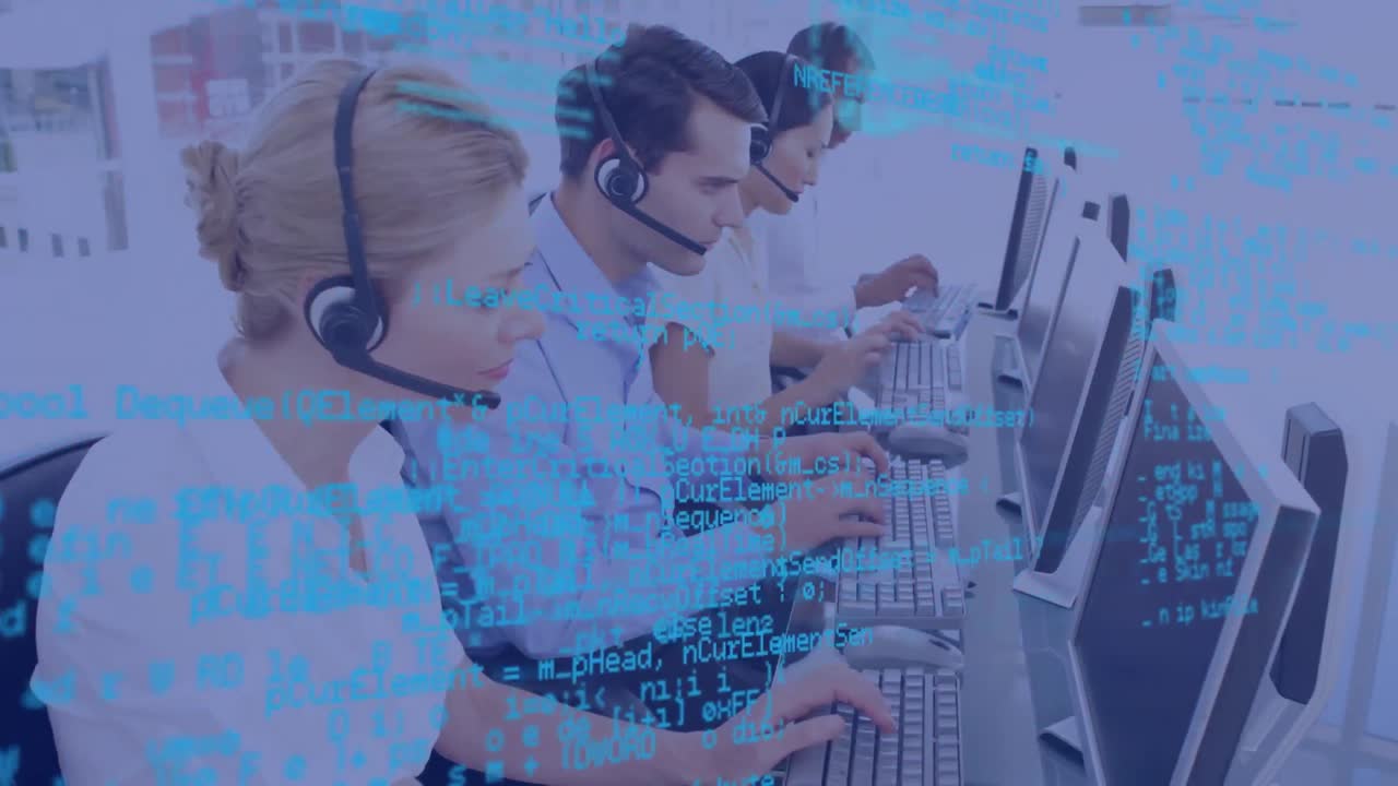 Animation of data processing over business people using phone headsets