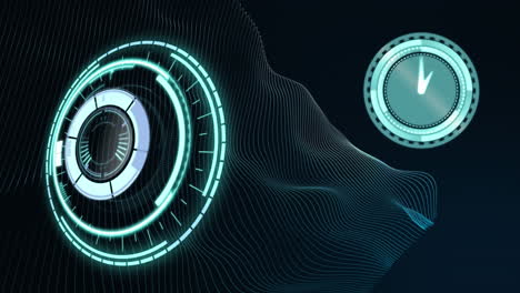 Animation of digital interface with circular scope and turning clock hands on black background