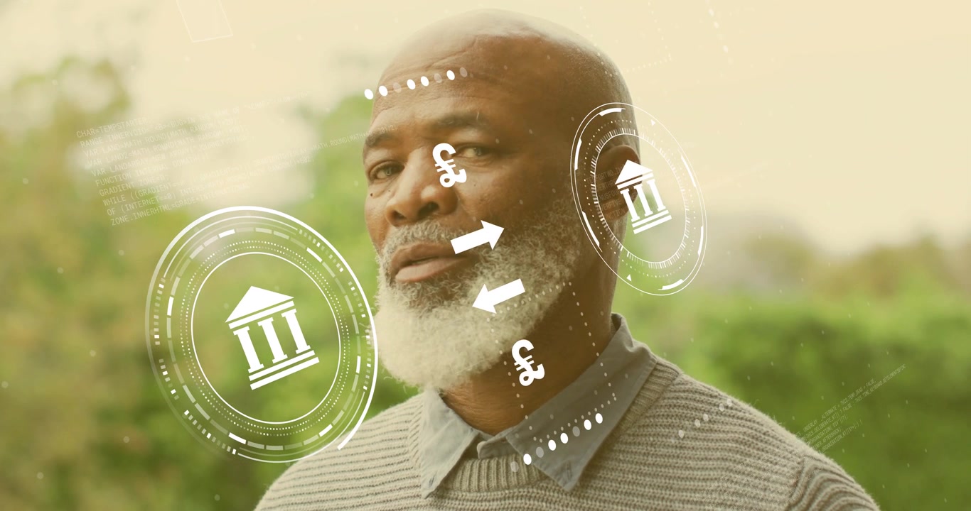 Man looking right in garden initiating bank icons fading currency symbols rotating showing exchange