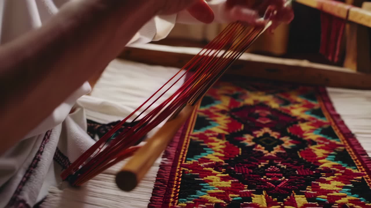 Woman Weaving a Traditional Rug on a Loom