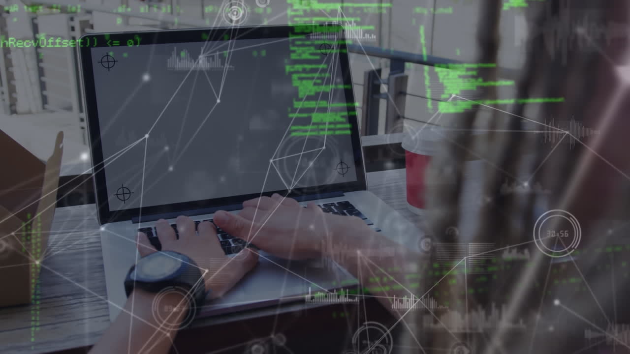 animación de la red de conexiones con iconos sobre el hombre usando portátil.