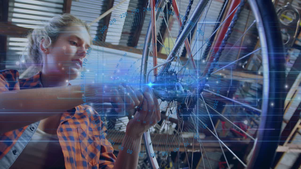 Grasping wrench on bicycle cassette lockring, woman loosening and aligning gears with data overlay