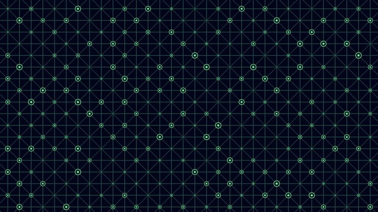 A striking black and blue geometric pattern composed of triangles and squares, with scattered white dots adding interest. The design forms a captivating grid-like arrangement