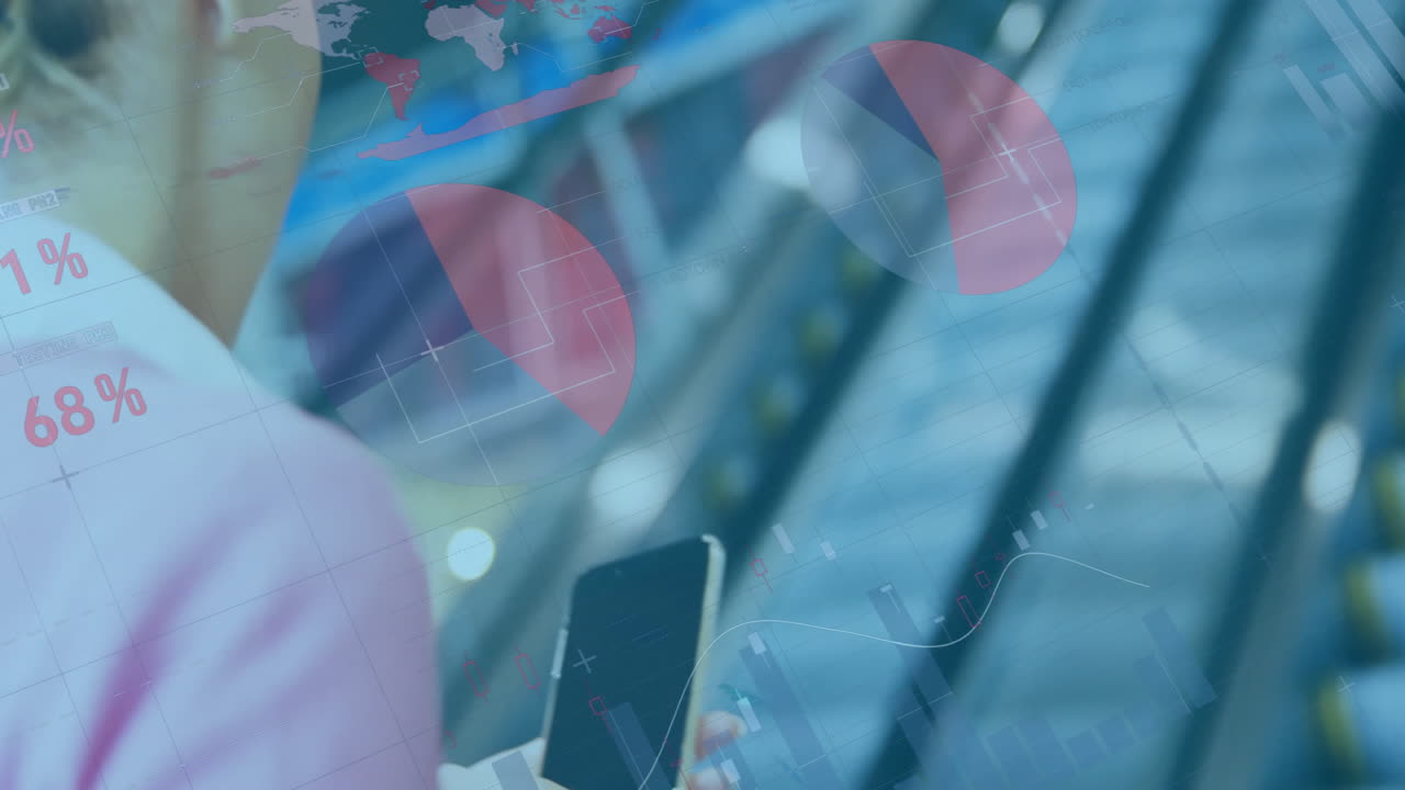 Holding smartphone, businesswoman analyzing financial data and graphs in animation