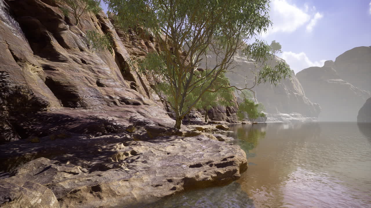 Serene landscape with tranquil waters and rugged cliffs under a bright sky