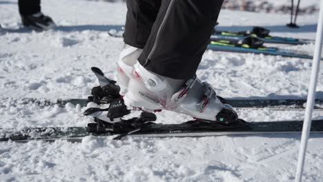 preparándose para esquiar poniendo las botas de esquí en los esquís