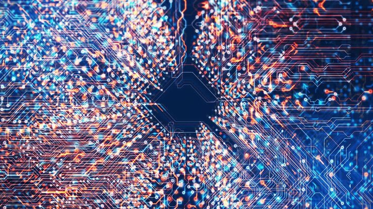 Animation of technology circuit over black background