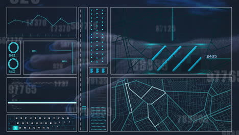 animation of data processing and hand on black background