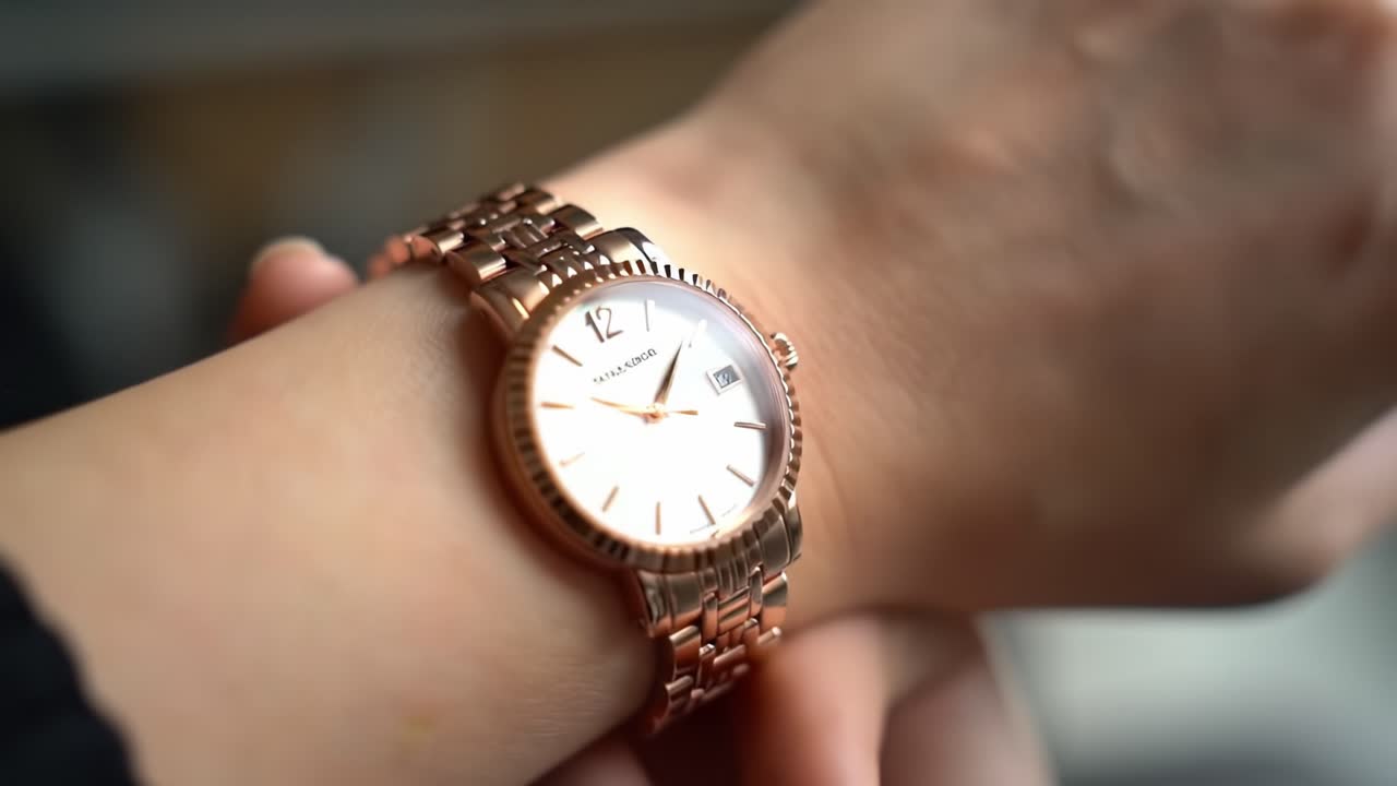 Captivating Close-up of a Stylish Rose Gold Wristwatch on a Hand, Highlighting Elegant Design and Timekeeping Precision in a Sophisticated Setting