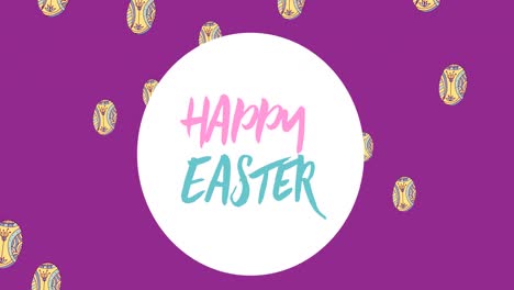 Animation-of-happy-easter-text-over-easter-eggs-on-purple-background