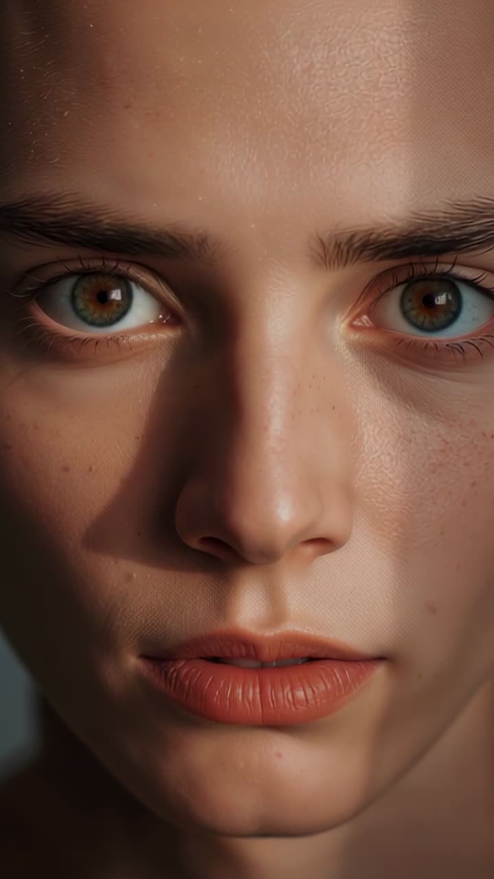 Video verticale: reazione allo spostamento della luce, donna adulta che fissa lo sguardo nella stanza, mostrando le lentiggini