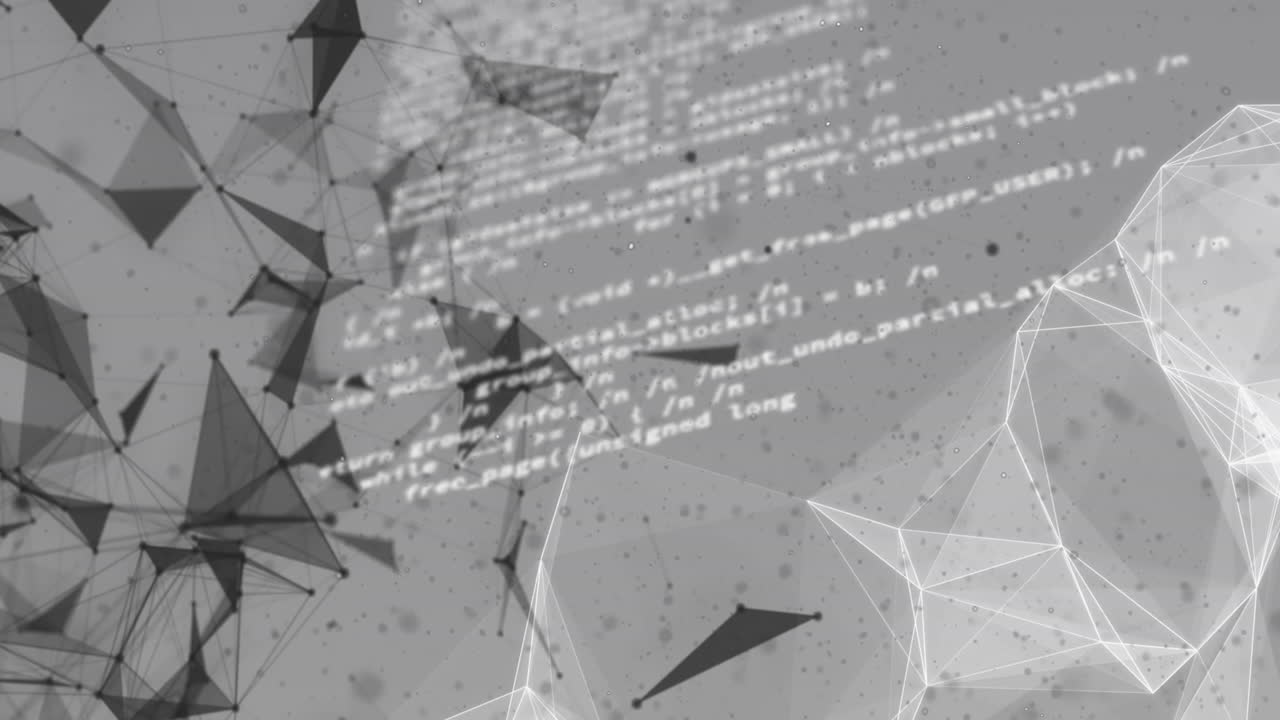 회색 배경에 대한 컴퓨터 언어를 통해 기하학적 모양을 형성하는 연결된 점의 애니메이션