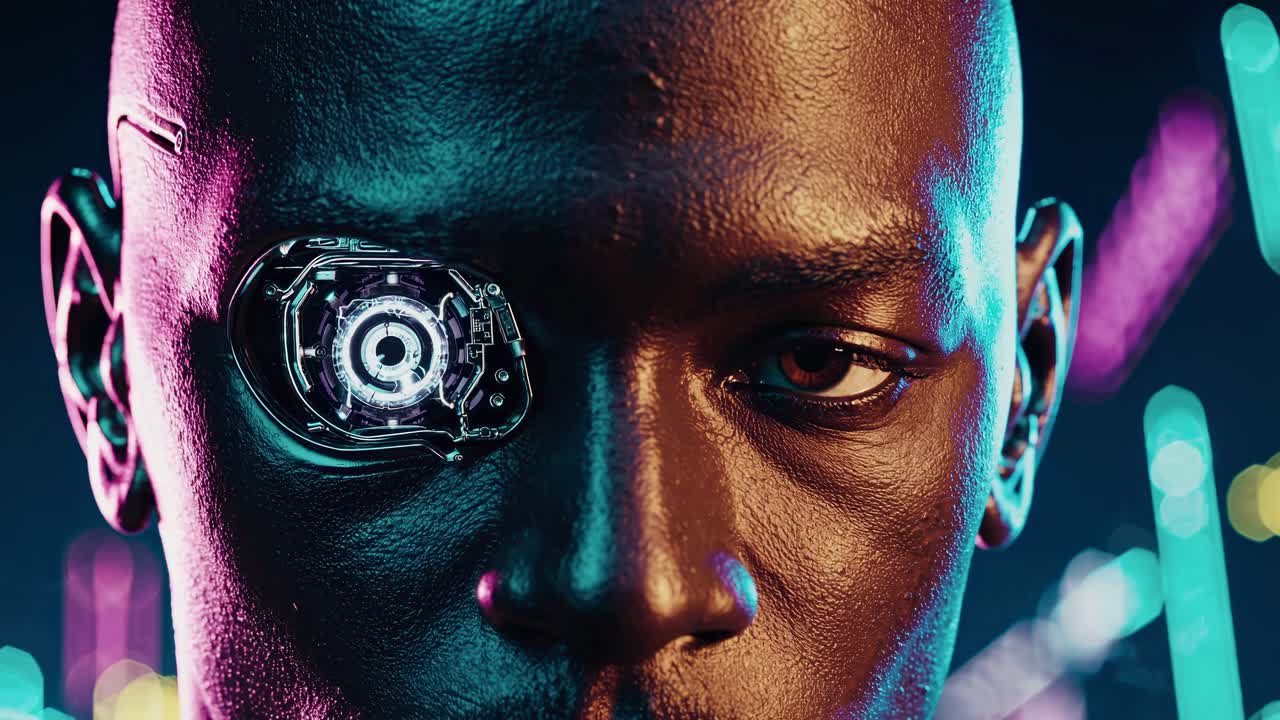retrato cyberpunk de un hombre negro con un ojo mecánico