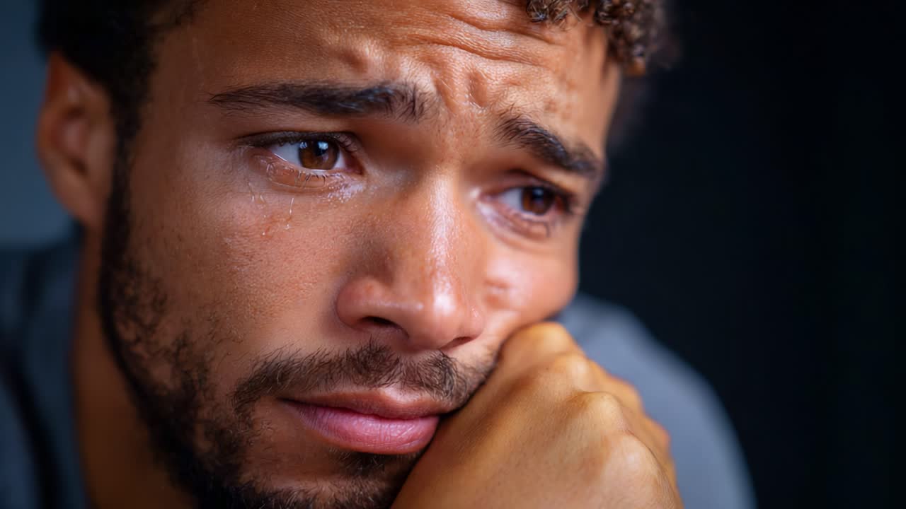 Riflessione emotiva: primo piano di un giovane uomo che esprime profonda tristezza in momenti contemplativi, catturando profondità e vulnerabilità nei suoi occhi