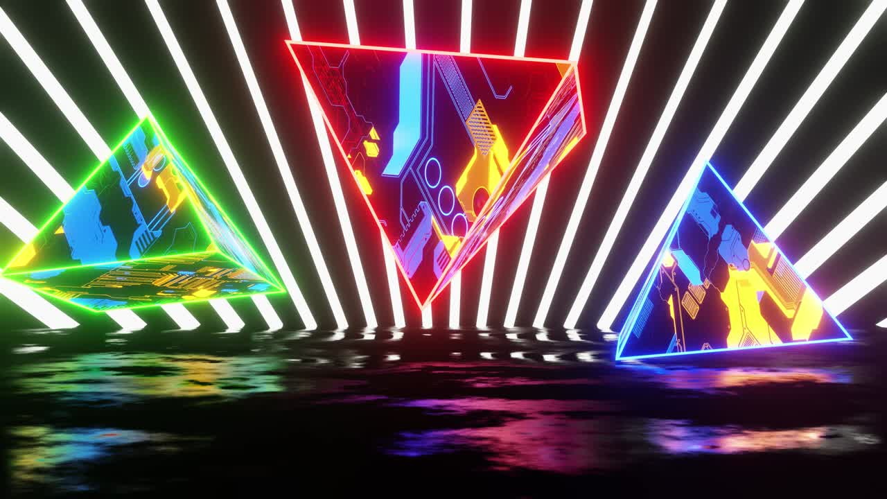 una animación de bucle abstract de pirámides de neón que vuelan en una escena de ciencia ficción.