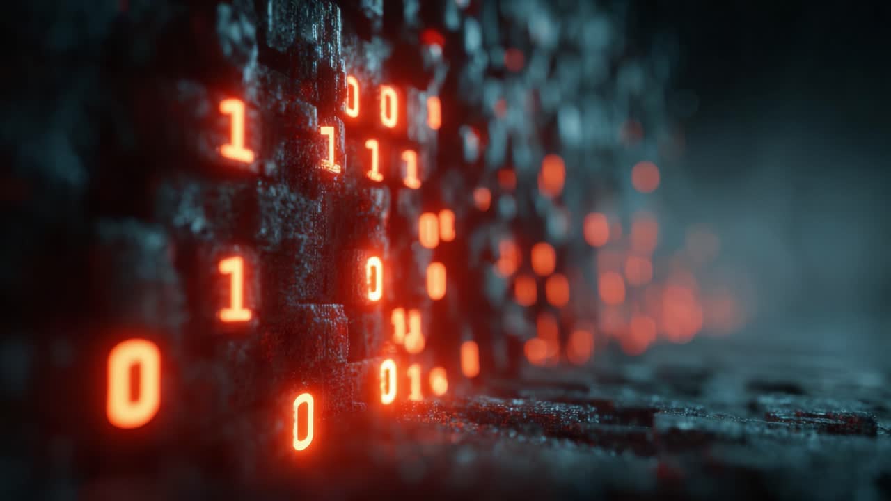 Digitální stěna z binárního kódu zářící červeně, představující podstatu dat a technologií ve futuristickém prostředí.