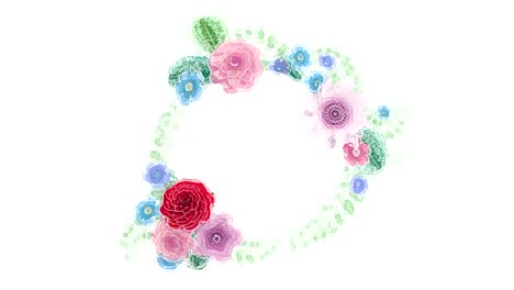 aquarellzeichnung mit wachsendem blumigem hintergrund blumen, blühender botanischer kreisrahmen, runder titelplatz, aqua-farben, animation, diy-projekt, intro, isoliert auf weißem hintergrund, ideal für den titel
