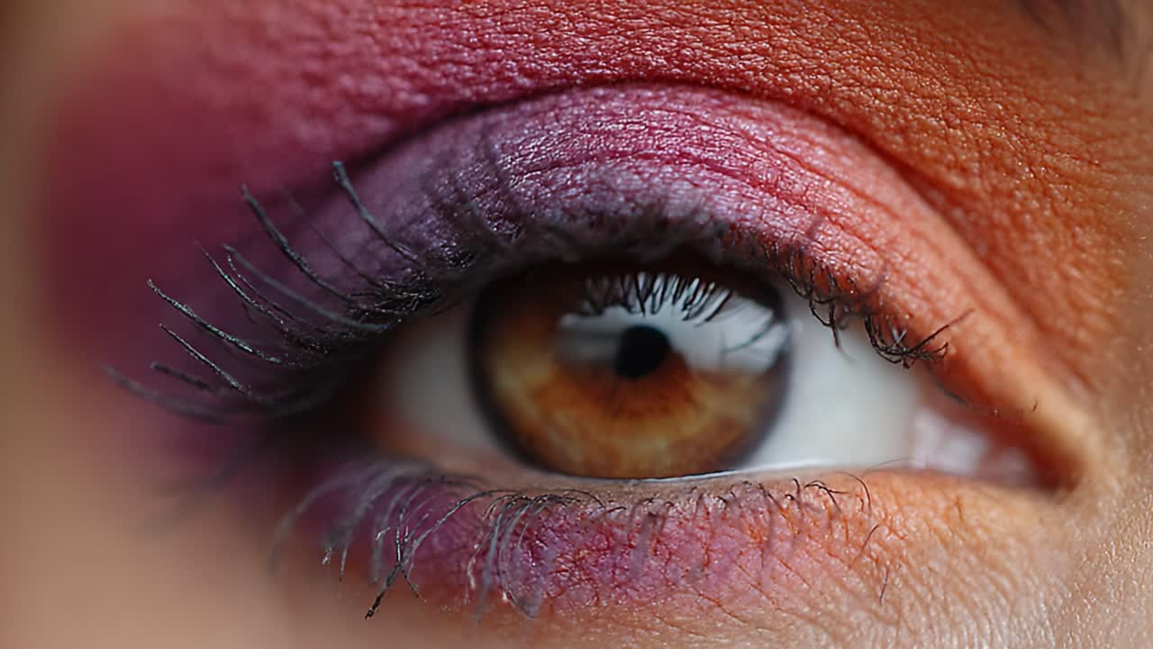 Stunning Close-Up of an Eye Showcasing Vibrant Makeup Blending Rich Colors of Purple, Pink, and Orange with Luscious Lashes and an Intense Gaze