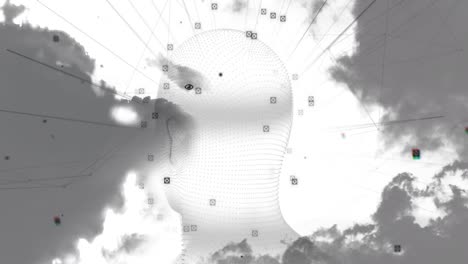 Animation-of-digital-head-over-icons-and-clouds
