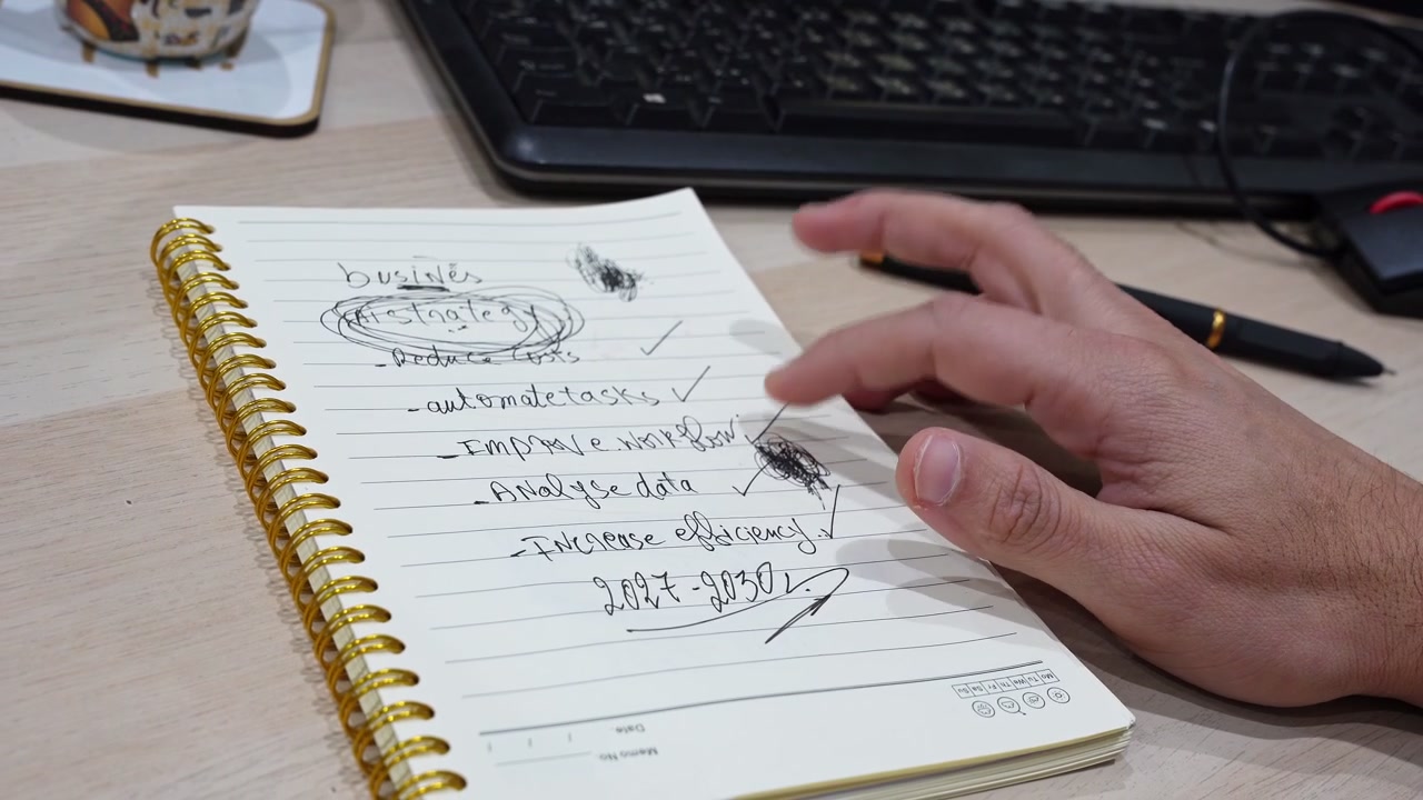 a restless hand tapping fingers on a spiral notebook with business strategy notes on a wooden desk. Impatient corporate worker waiting or thinking during planning session.