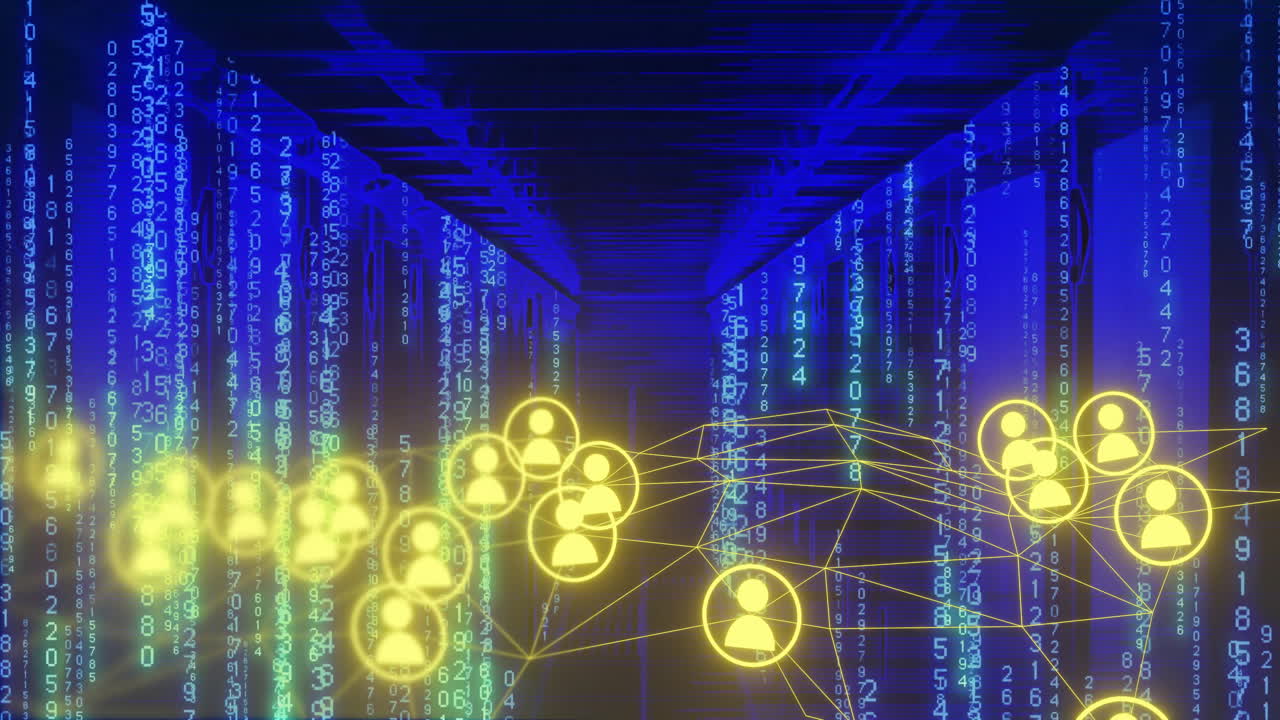 Animazione di rete di icone utente connesse su sfondo di flusso di dati digitali
