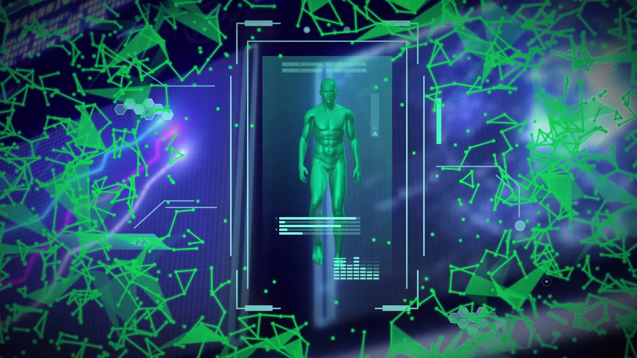 Holographic panel receiving scan pulse, showing green anatomy while polygon network moving inward