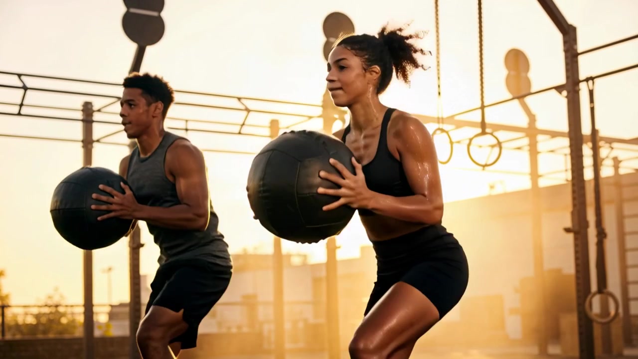 Träningspartners i linne och sport-bh håller svarta medicinbollar och gör knälyft för styrka