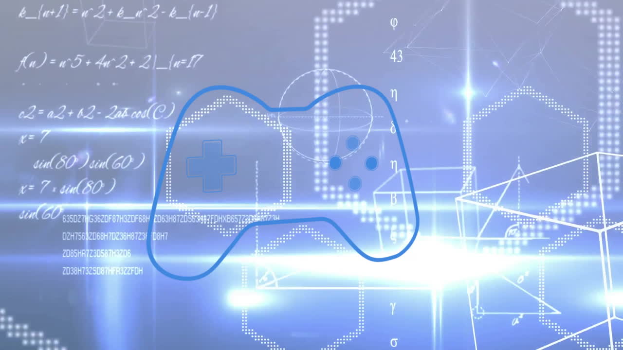 Game controller outline with animation over digital hexagons and equations in school