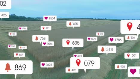 agri tech scene featuring combine harvester harvesting wheat fields, floating notification bubbles