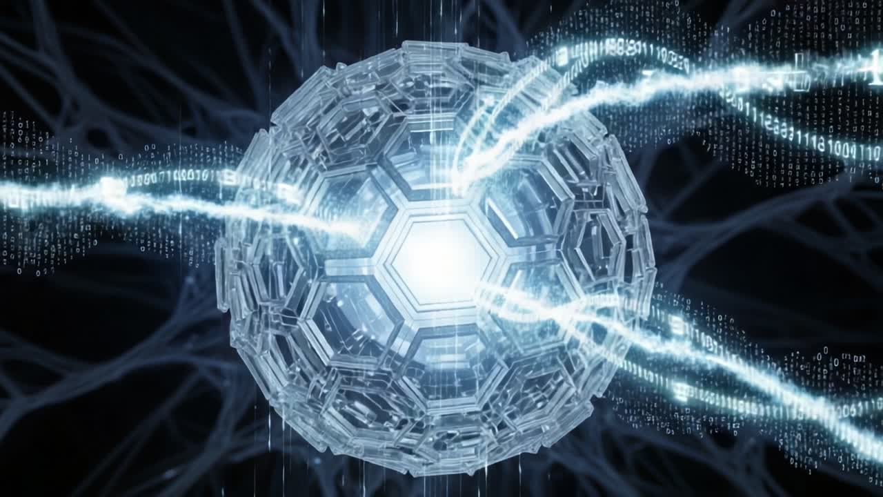 A Glimpse Into A Futuristic Energy Source: A Glowing Geometric Sphere Surrounded by Digital Data Streams and Network Connections Emphasizing Technological Advancement