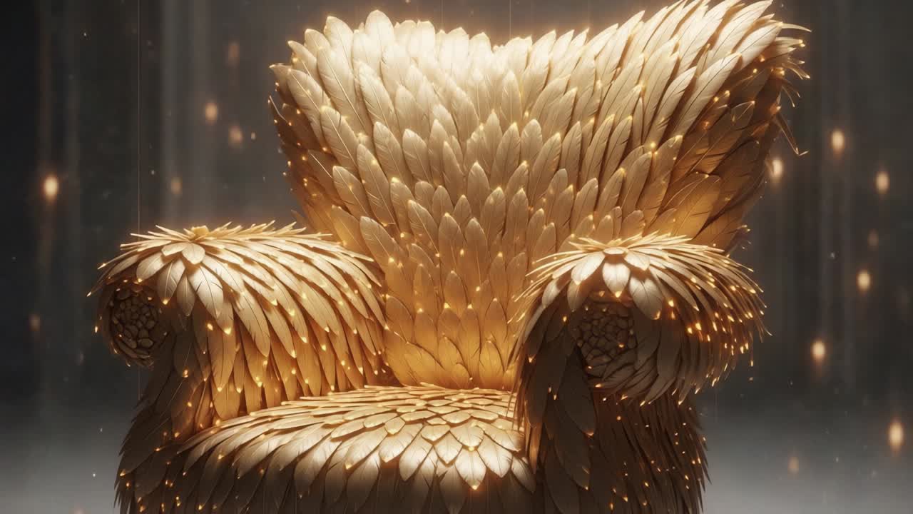 A Stunning Artistic Chair Crafted from Leaf-Like Textures, Emitting a Warm Glow in a Dreamy Ambience Perfect for Home Decor Inspiration and Modern Design Ideas