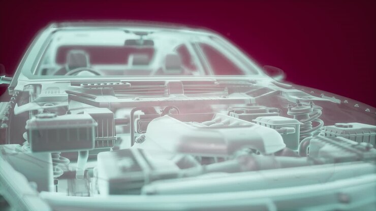 Holographic animation of 3D wireframe car model with engine