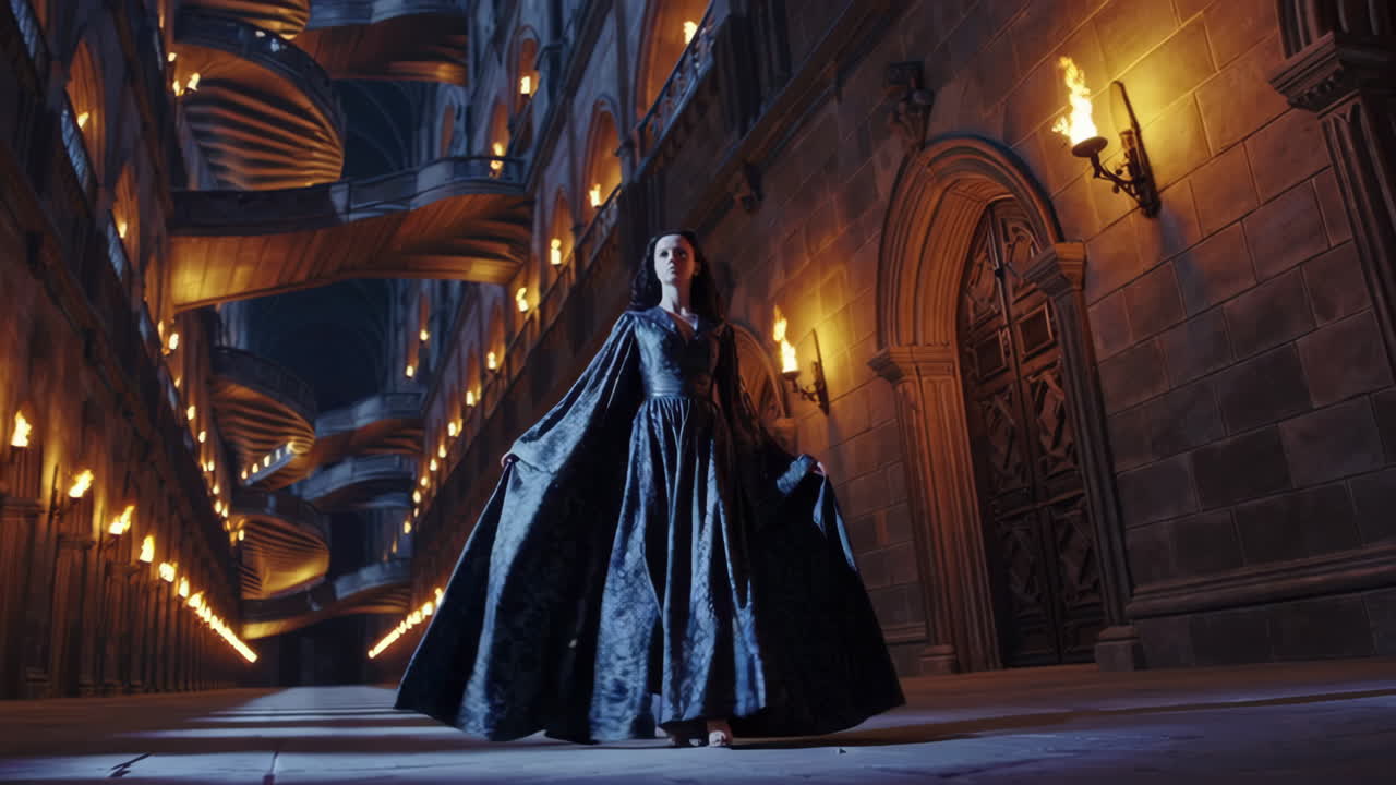 Woman in a Long Dress Walking Through a Mystical Castle Hall at Night