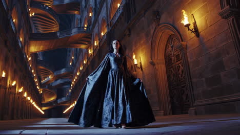 woman in a long dress walking through a mystical castle hall at night