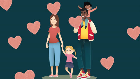 animation of diverse parents and children over green background with hearts